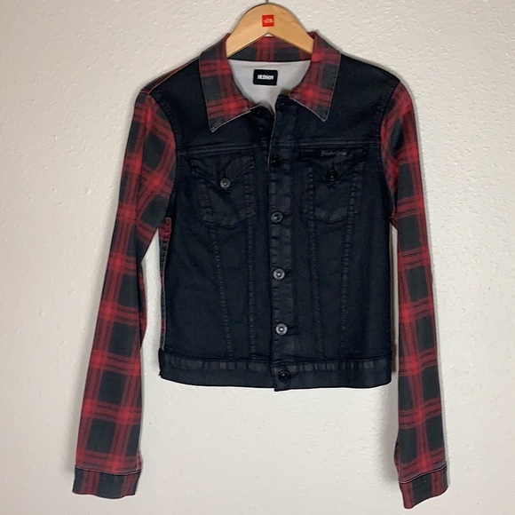 Rare HUDSON jean’s black & red buffalo check denim Jean Jacket Sz S Stretch - Picture 12 of 13